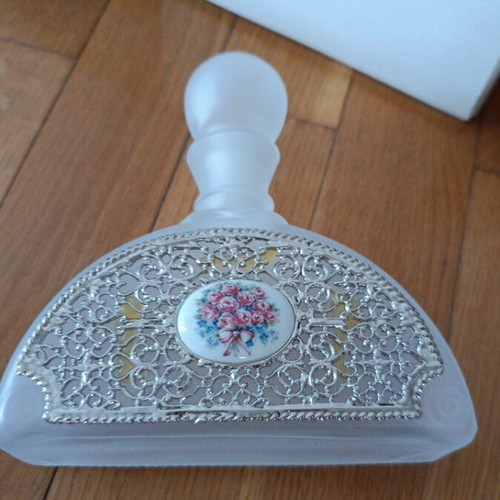 Annabella vintage frosted glass perfume bottle with filigree and porcelain medallion