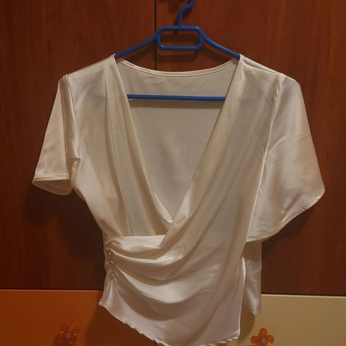 White satin blouse with draped design and deep V neckline new