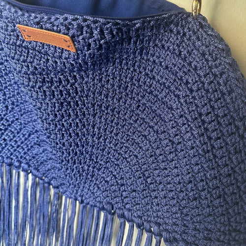 Handmade royal blue knitted shoulder bag with fringes