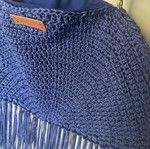 Handmade royal blue knitted shoulder bag with fringes