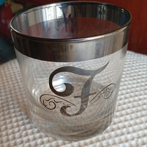 Vintage lowball glass with silver band and monogram F