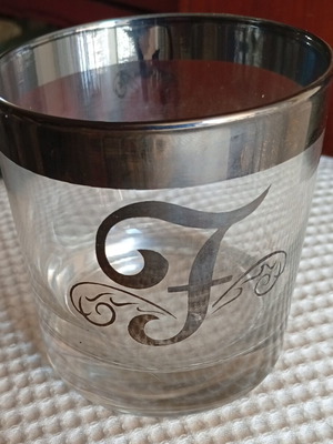 Vintage lowball glass with silver band and monogram F