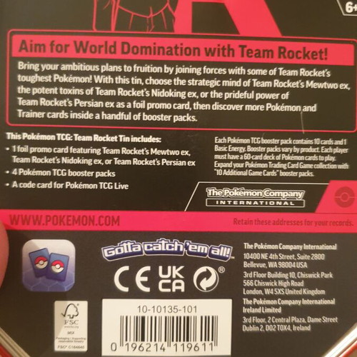Pokemon TCG Tin Team Rocket MewTwo like new, card storage box