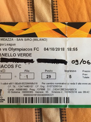 Εισιτήριο αγώνα Μίλαν Ολυμπιακός 2018 μεταχειρισμένο
