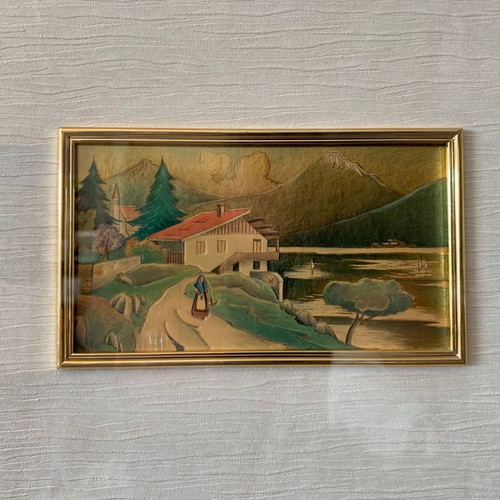 Painting Italian lithograph Serie Oro used with wooden frame