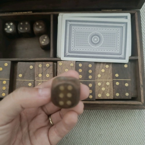 Vintage wooden case with dominoes, playing cards and dice like new
