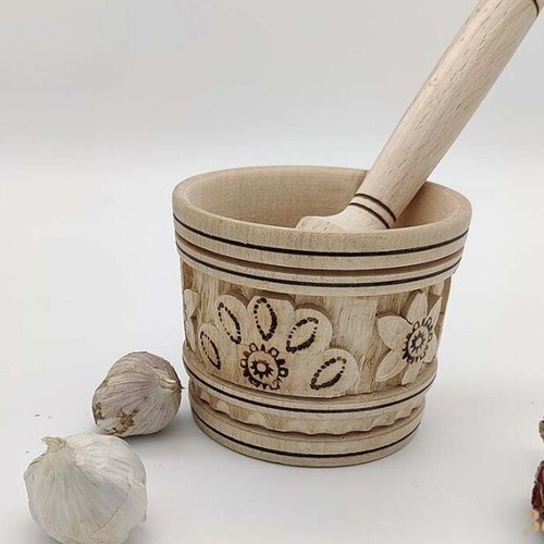 Wooden Bulgarian mortar new with wood carving