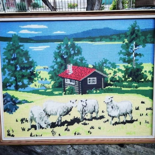 Vintage handmade tapestry used, framed, 64x50 cm