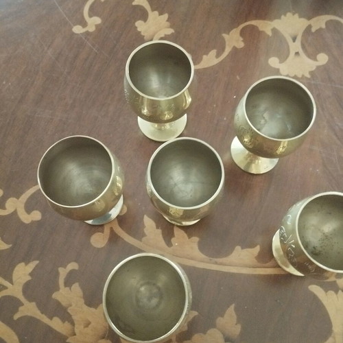 Vintage bronze liqueur glasses set of 6 used with intricate engraving