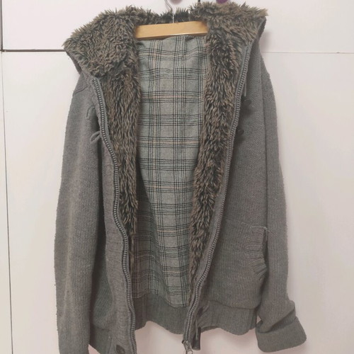 Pull & Bear knitted men's cardigan XL used with fur and hood, grey