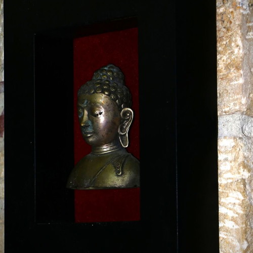 Bronze Buddha Bust in Wooden Black Frame new