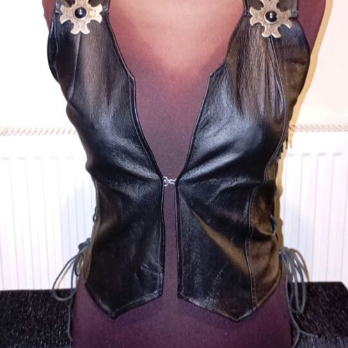 Handmade leather vest new, black with dark brown crocodile details