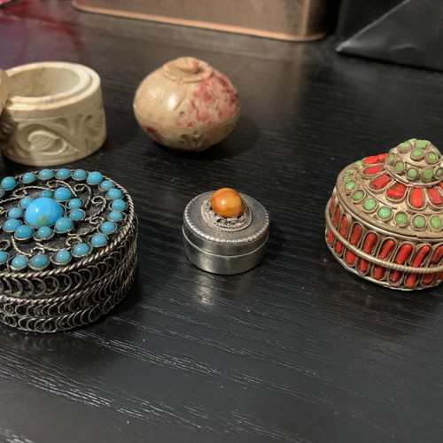 Vintage pill boxes used, pack of 10 with carved stone and semi-precious stones