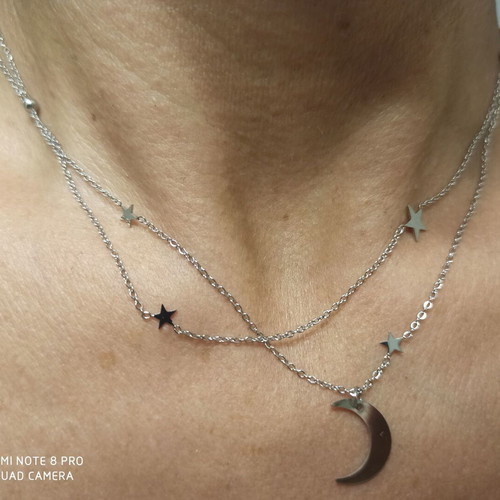 Steel necklace new with double chain and crescent moon detail