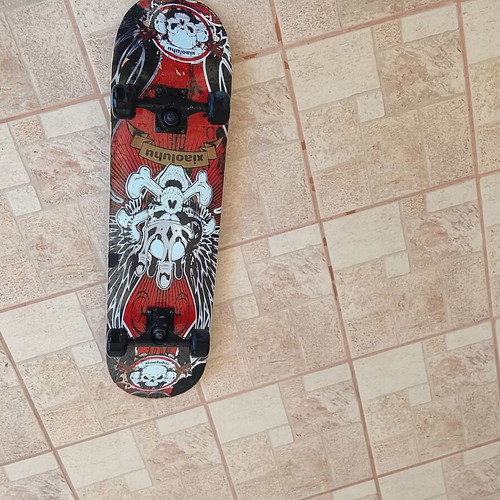 Xiaoluhu skateboard used with rock patina and skulls