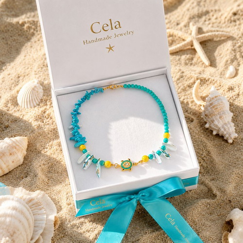 Handmade necklace with semi-precious stones Lava, Coral, Shell and a little turtle with enamel and zircon