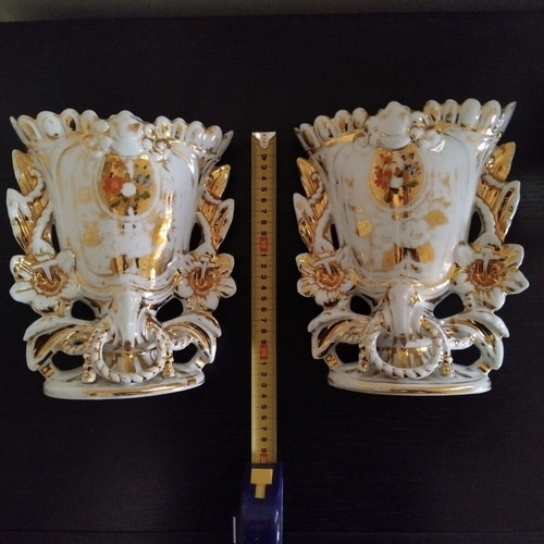 Porcelain vases pair used, baroque rococo style from 1940s