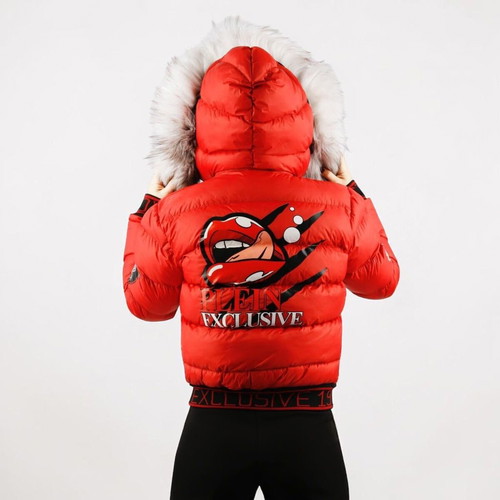 Luxury women's winter jacket with fur hood, new, red