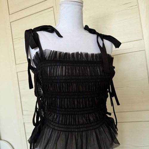 Monki Tulle Top like new with decorative bows, black