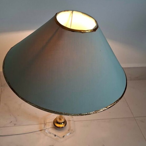 Table lamp used, 1960s plexiglass with fabric shade Hollywood Regency style