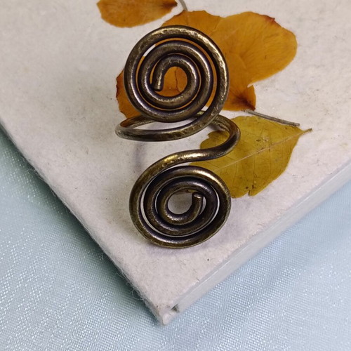 Brass ring handmade with meander design, new, oxidized