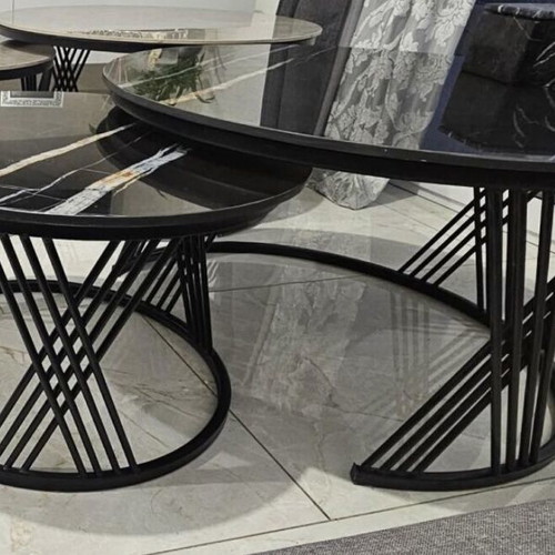 Coffee Table Set of 2 Nesting Tables Black with Ceramic Marble Top