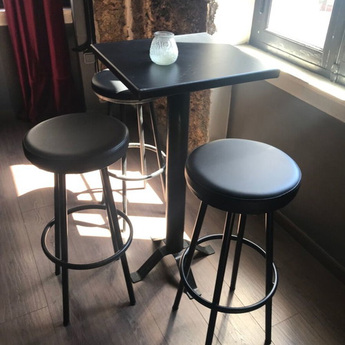 Coffee bar equipment set like new with stools, stands, tables, and marble counter