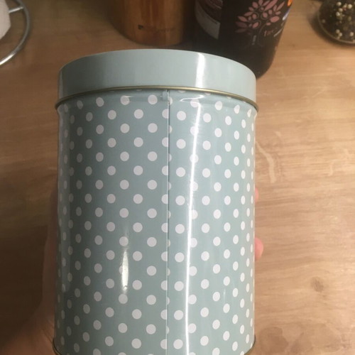 Metal tea tin like new veraman-white polka dot with floral lid