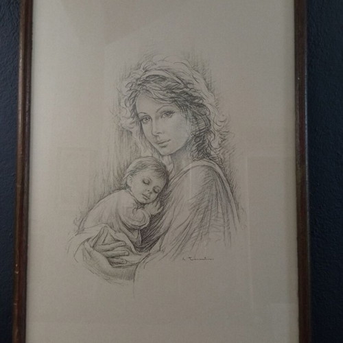 Vintage painting Mother with Child by Giuseppe Tarantino used, lithograph