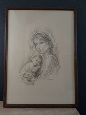 Vintage painting Mother with Child by Giuseppe Tarantino used, lithograph