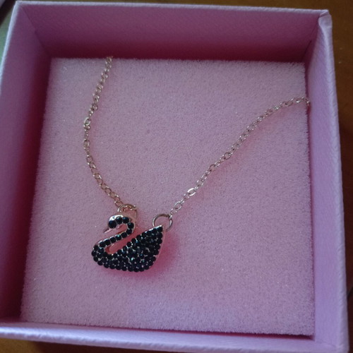 Swan necklace like new, pink gold tone with black stones