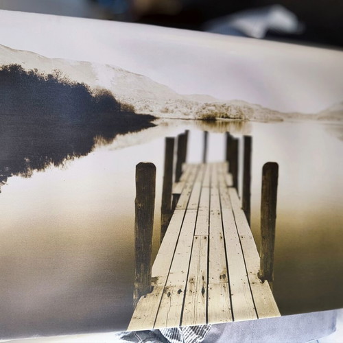 Decorative canvas painting with wooden pier and lake scene, like new