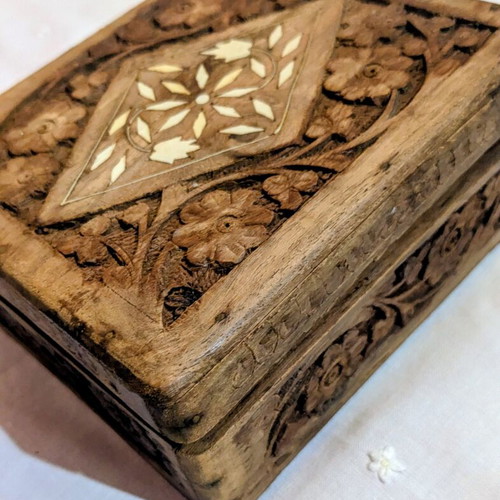 Vintage handmade carved wooden box jewelry case