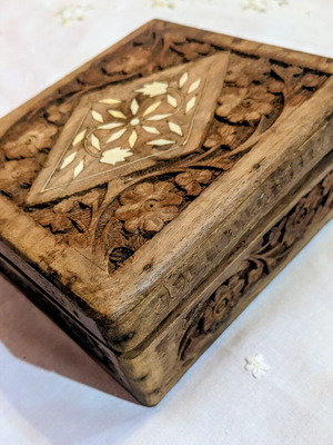 Vintage handmade carved wooden box jewelry case