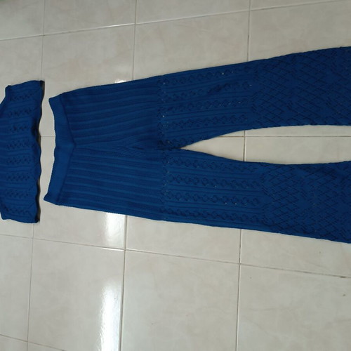 Knitted summer set two pieces top and perforated pants royal blue like new