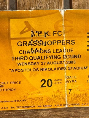 Collectible AEK - Grasshoppers ticket used, Champions League 2003/2004