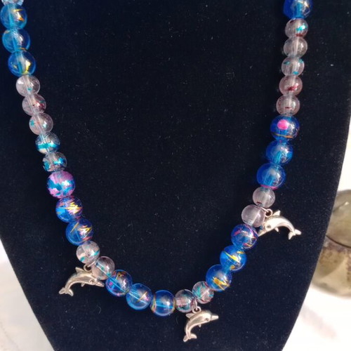 Necklace summer beads with three small dolphins handmade like new