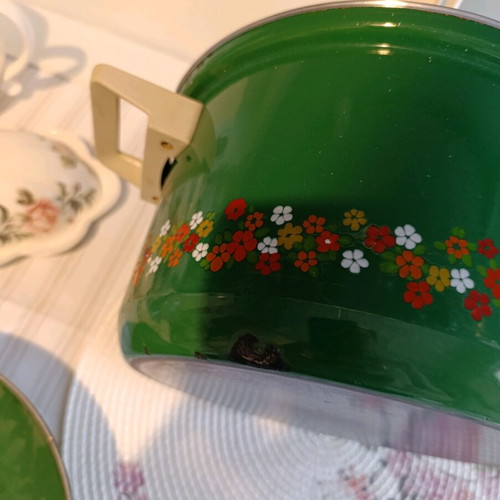 Large German enamel pot used with gilded handle for decoration