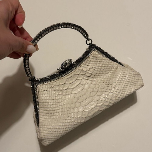 Vintage leather Besso evening bag with rhinestones like new, white