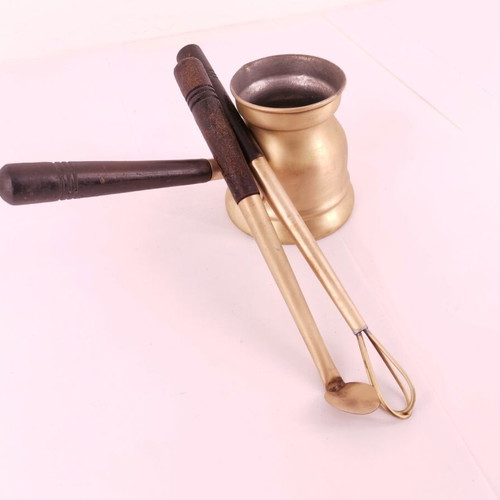 Brass briki used with spoon and stirrer, 1970s vintage