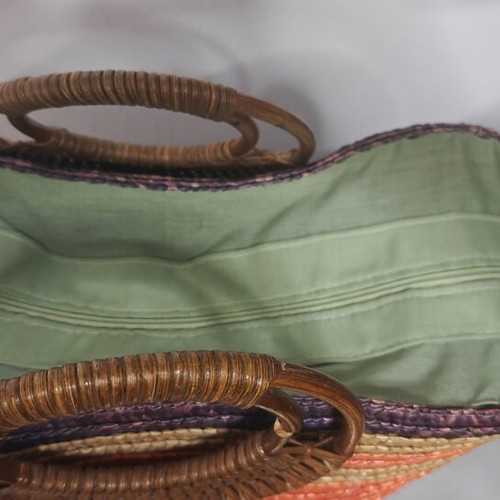 Straw beach bag with wooden handles used, multicolor