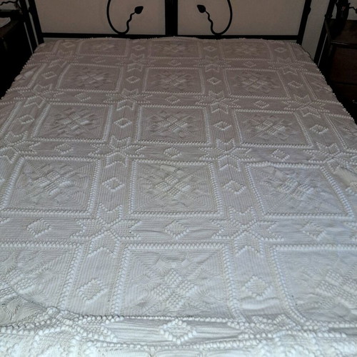 Handmade double bed blanket with two pillowcases, white crochet
