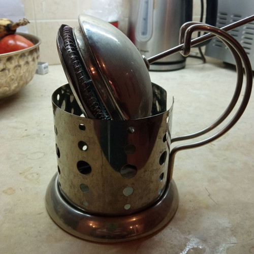 French press coffee maker used, stainless steel without carafe