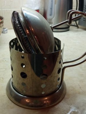 French press coffee maker used, stainless steel without carafe