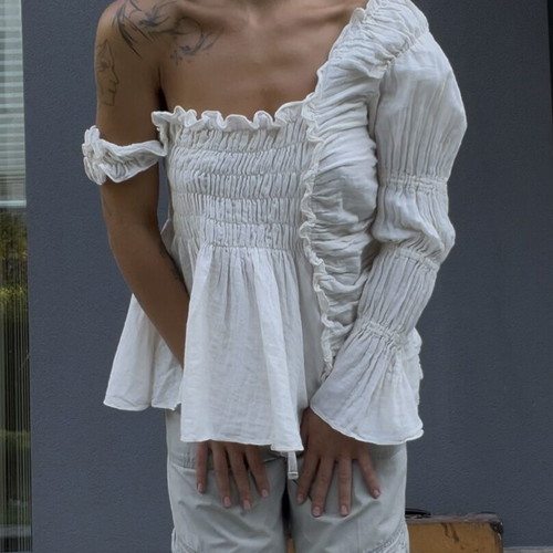 Maison Mume Handmade Asymmetric Off-Shoulder Ruched Top like new, cotton linen mix
