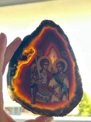Christian icon of Archangels Michael and Gabriel on natural agate slice, used