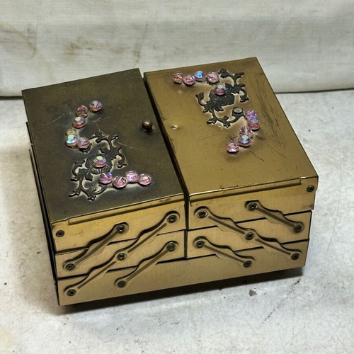 Vintage metal jewelry box with drawer mechanism and velvet lining used