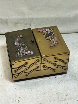 Vintage metal jewelry box with drawer mechanism and velvet lining used