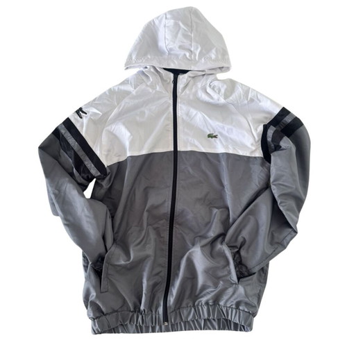 Lacoste windbreaker jacket with hood, gray and white, like new, unisex M/L