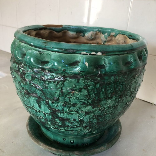 Green ceramic flowerpot Attica like new, glazed with embossed texture Ø23